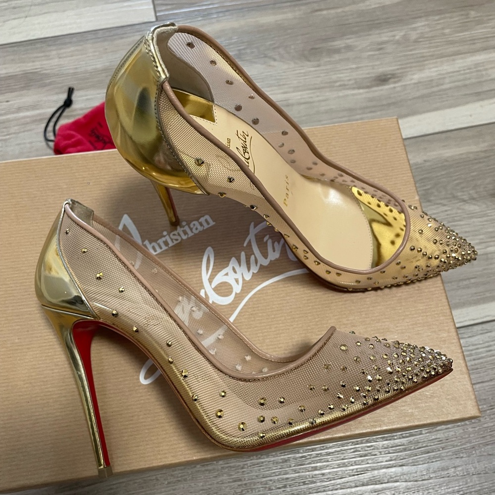 Christian Louboutin Gold Crystal Embellished Leather and Mesh Follies Pumps